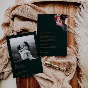 Cartão de agradecimento com foto, agradecimento de casamento em tom de joia, modelo de agradecimento de casamento moderno, obrigado verde esmeralda, editável para impressão A046