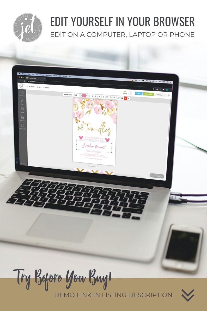 May include: A laptop computer screen displaying a pink and gold printable invitation with the text "oh two-dles" and a Mickey Mouse head graphic. The invitation is for a child's second birthday party. The text "Try Before You Buy!" is displayed below the laptop.
