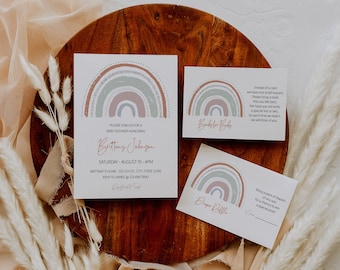 Pastel Rainbow Baby Shower Invitation Kit, Gender Neutral Shower Invite, Muted Tones Baby Shower Bundle, Earth Tones, Editable Template A030