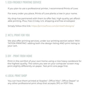 Op de afbeelding: Een witte achtergrond met een groene en zwarte tekstoverlay. De tekst luidt "HOW DO I Print MY TEMPLATE? YOU HAVE SEVERAL OPTIONS!" en somt vier opties op voor het afdrukken van een sjabloon: "ECO-FRIENDLY PRINTING SERVICE", "WE'LL PRINT FOR YOU", "DIY - PRINT FROM HOME" en "LOCAL PRINT SHOP".