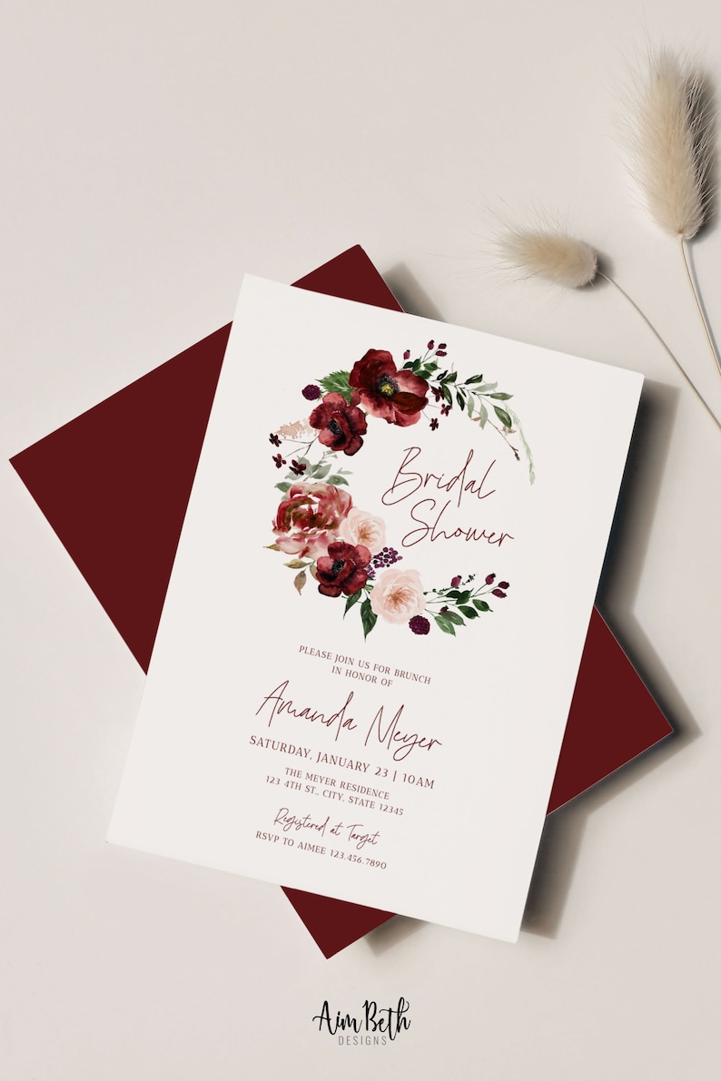 Burgundy Bridal Shower Invite Fall Bridal Shower Burgundy Etsy