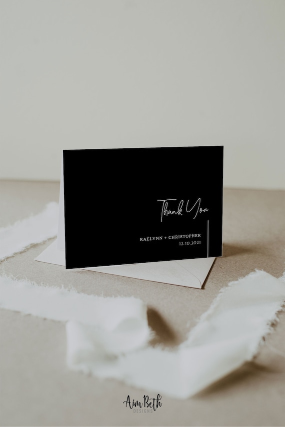 Black Thank You Card Template Modern Wedding Thank You Black | Etsy