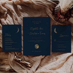 Under The Stars Wedding Invitation Suite, Celestial Wedding Template, Starry Night, Written in the Stars Wedding Stationery, Blue Gold A037