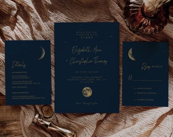 Under The Stars Wedding Invitation Suite, Celestial Wedding Template, Starry Night, Written in the Stars Wedding Stationery, Blue Gold A037