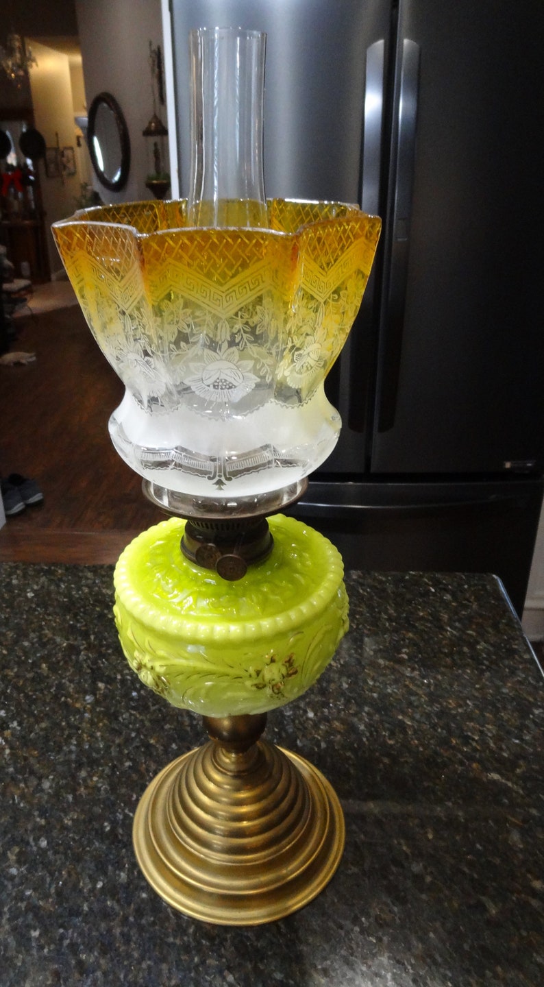 Antique Oil Lantern Lime Green Bowl With Gold Gilding Brass Weighted Base Etched Two Tone Glass Shade Lamp Late 1800 S