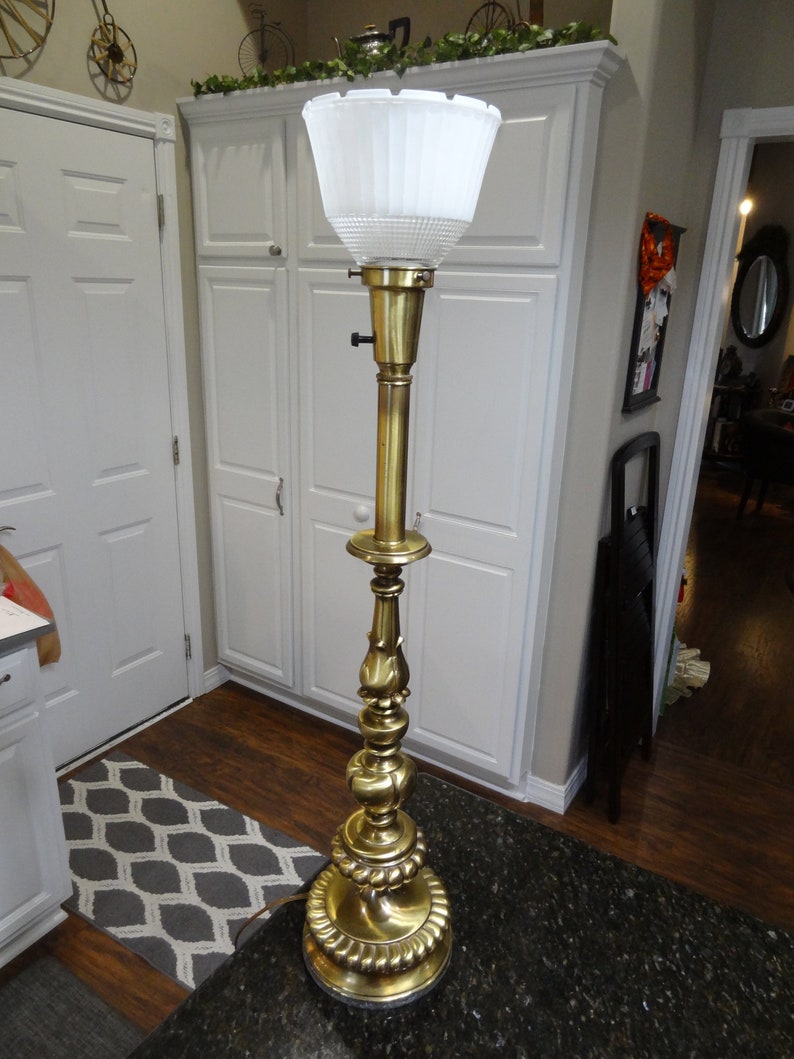 Vintage Torchiere Table Lamp With 3 Way Switch Brushed Brass Art Deco Glass Shade