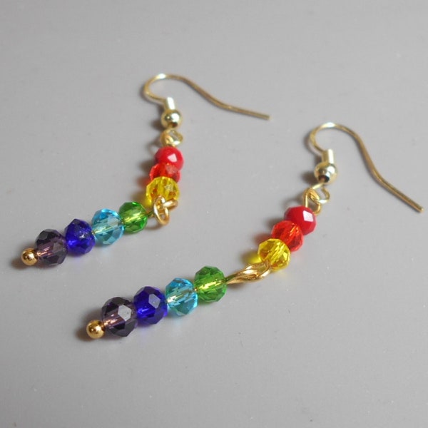 7 Chakra Crystal Bead Earrings, Rainbow Earrings, Hypoallergenic No Tarnish Gold Stainless Steel, Glittering Faceted Crystals Bright Colors