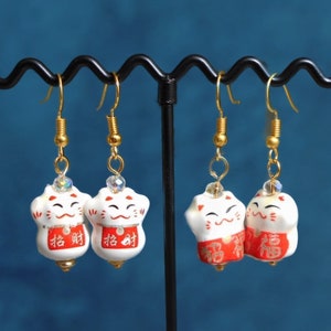 Lucky Cat Maneki Neko Earrings, Hypoallergenic Gold Plated Stainless Steel Earrings, Ceramic Money Cat, Cute Cat Earrings, Cat Earrings