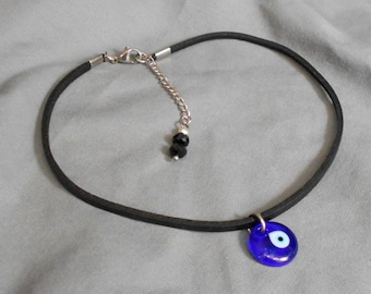 3mm Genuine Leather Choker with Tiny Evil Eye Pendant, Your Choice of 12 13 14 16 Inch, Silver Color Stainless Steel Parts, Soft Leather