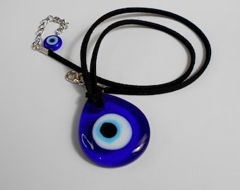 Evil Eye Necklace, Blue Teardrop Shape, Lampwork Glass, Evil Eye Protection, Nazar Greek Evil Eye, Soft Black Faux Suede, Evil Eye Jewelry