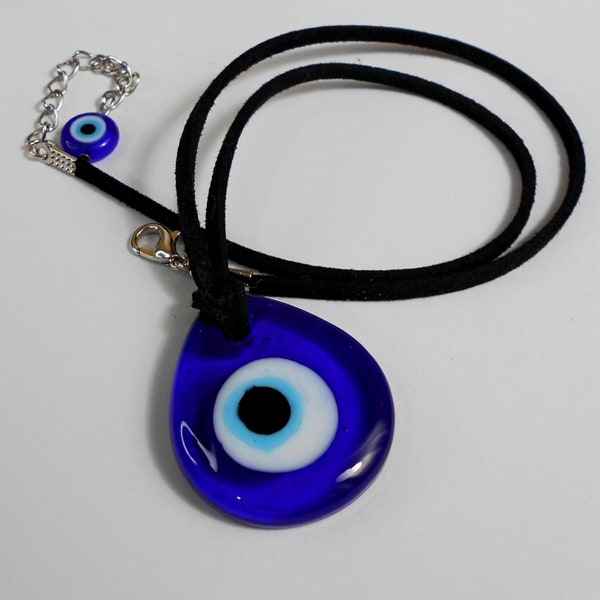 Evil Eye Necklace, Blue Teardrop Shape, Lampwork Glass, Evil Eye Protection, Nazar Greek Evil Eye, Soft Black Faux Suede, Evil Eye Jewelry