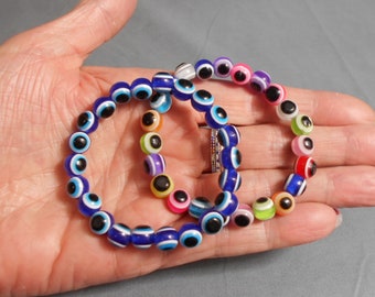 Unisex 8mm Evil Eye Beaded Stretch Bracelet, Stackable Colorful Resin Evil Eye Beads, Sizes to Fit Men or Women, Lightweight Durable Resin