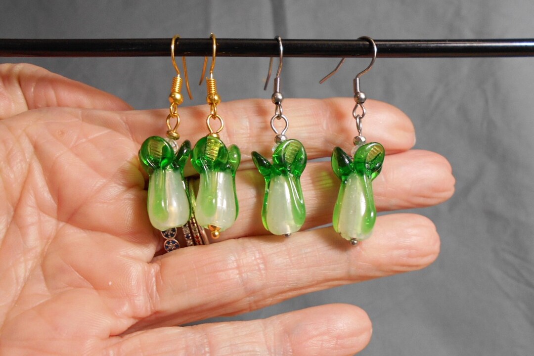 Glass Bok Choy Chinese Cabbage Earrings, Glass Cabbages Gold or Silver