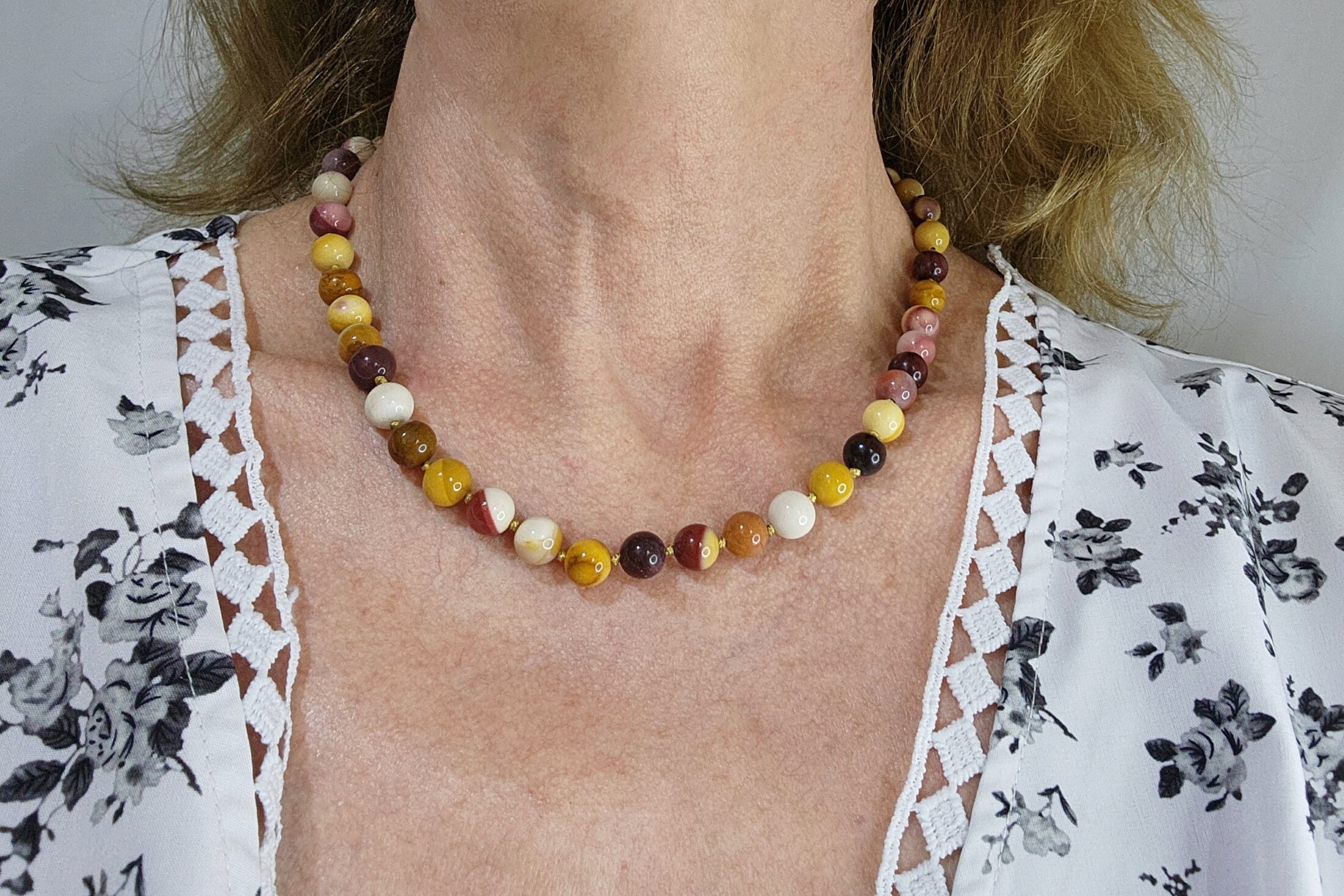 Mookaite Bead Knotted Necklace, Mookaite with Gold Necklace, Colorful Gemstone Beaded Necklace, Gold Stainless Steel Hypoallergenic Necklace