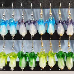 Glass Bok Choy Chinese Cabbage Earrings,  Glass Cabbages Gold or Silver Hypoallergenic Stainless Steel No Tarnish Ear Hooks,  Artsy Earrings
