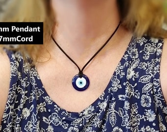 Lampwork Glass Evil Eye Necklace, Blue Greek Nazar Evil Eye on Soft Faux Suede Cord, Good Luck Necklace, Custom Length Pendant Size Options