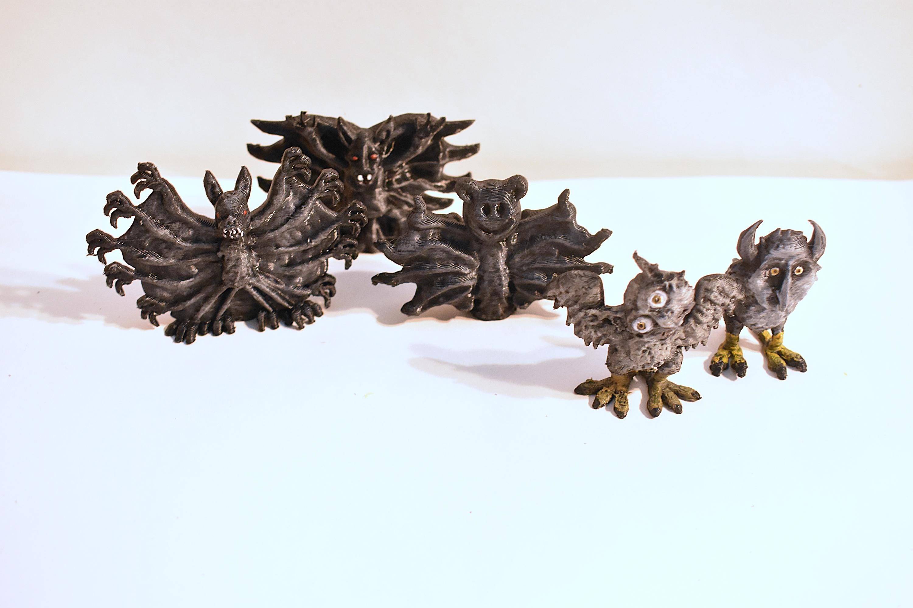 Reremice and Bubo, Mini Medieval Bat and Owl Figurines, Hand-painted 3d-printed Fantasy Collectible