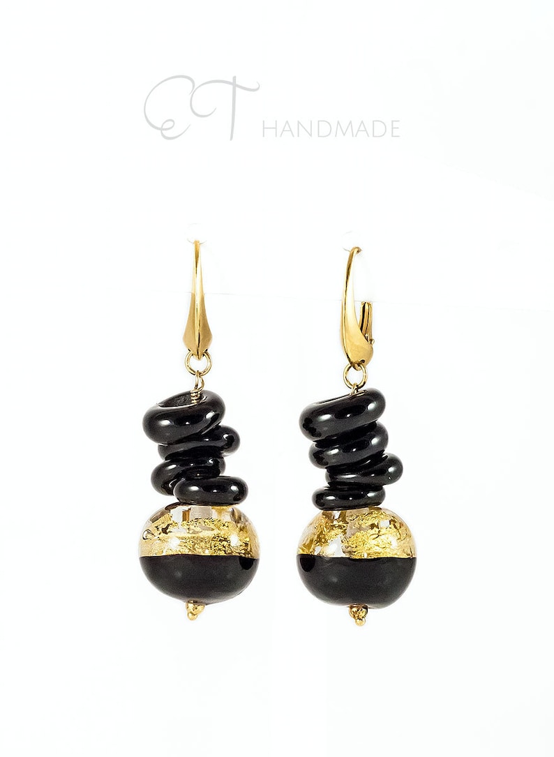 Bronze and Black Circular Handmade Murano Glass Earrings from Venice