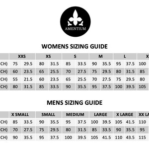 May include: A sizing chart for women's and men's clothing. The chart shows measurements in centimeters and inches for bust, ribcage, waist, and bum for women's sizes XXS, XS, S, M, L, XL, and XXL. The chart also shows measurements in centimeters and inches for chest, waist, and bum for men's sizes X Small, Small, Medium, Large, X Large, XX Large, and XXX Large.