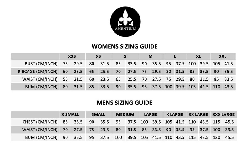 May include: A sizing chart for women's and men's clothing. The chart shows measurements in centimeters and inches for bust, ribcage, waist, and bum for women's sizes XXS, XS, S, M, L, XL, and XXL. The chart also shows measurements in centimeters and inches for chest, waist, and bum for men's sizes X Small, Small, Medium, Large, X Large, XX Large, and XXX Large.