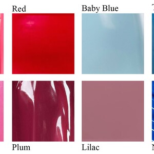 May include: A color chart showing 16 different paint colors. The colors are arranged in two rows of eight. The colors are: Black, Metallic Purple, Raspberry Pink, Red, Baby Blue, Transparent Blue, Transparent Olive, Olive, Transparent Black, Metallic Pewter, Metallic Pink, Plum, Lilac, Nightshade Blue, Metallic Green, and White.
