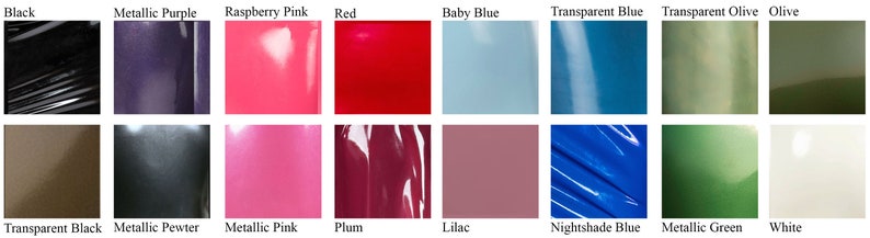 May include: A color chart showing 16 different paint colors. The colors are arranged in two rows of eight. The colors are: Black, Metallic Purple, Raspberry Pink, Red, Baby Blue, Transparent Blue, Transparent Olive, Olive, Transparent Black, Metallic Pewter, Metallic Pink, Plum, Lilac, Nightshade Blue, Metallic Green, and White.
