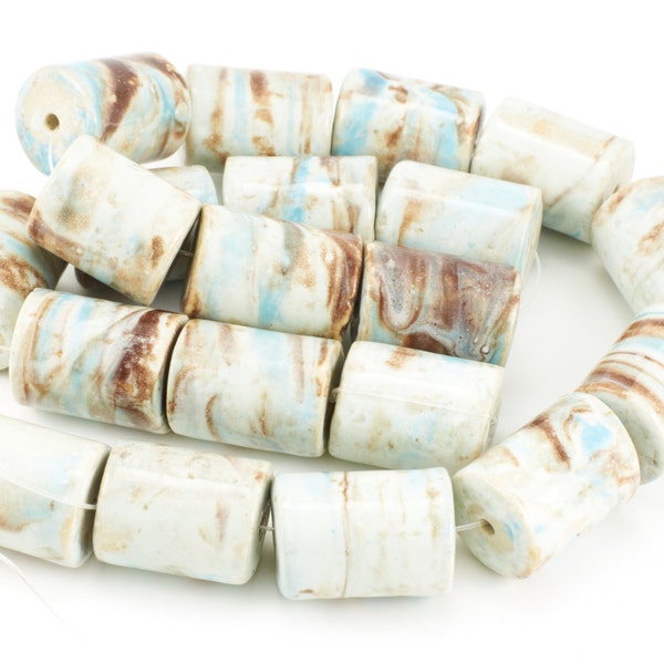 Aqua and Brown Ceramic Tube Beads - 20 pieces **CLEARANCE SALE**