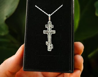 Orthodox Cross Necklace Sterling Silver | Handmade Byzantine Baptismal Cross Pendant | Christian Gift for Men or Women