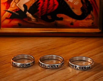Personalized Patron Saint Ring, Hand Stamped Sterling Silver Orthodox Christian Ring