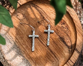 Handmade Hammered Fine Silver Cross Earrings, Everyday Christian Jewelry