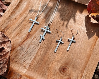 Hand-Forged Fine Silver Cross Necklace & Earrings Set, Orthodox or Classic Style