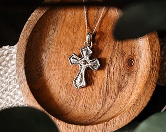 Sterling Silver Cross Necklace with 14k Gold Accent, Handmade Christian Cross Pendant