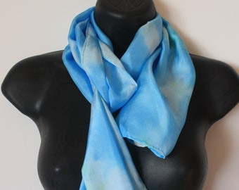 Hand dyed habotai silk scarf, blue with green and white, 11by 50 inches