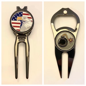 Black Golf Divot Tool w/ Ball Marker - Choose Bottle Opener / Pocket Clip Style
