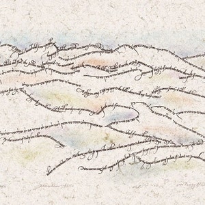 May include: A watercolor painting with a light blue, pink, and yellow background. The painting features black cursive writing in the shape of waves. The writing includes the text "When I am low, I lift my eyes to the hills, whence cometh my help."