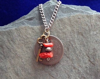 Middle Eastern coin, key & coral necklace