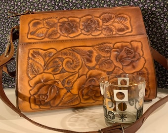 Vintage Tooled Leather Purse with zipper pockets