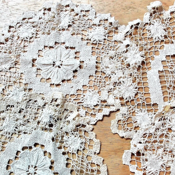 Vintage Mondano netted lace doilies. Lot of 4 handmade cotton doilies. Use for table tops, gift wrap or upcycle to beautiful framed art work