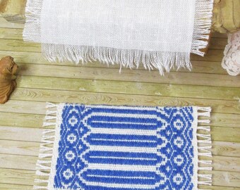 Handwoven 1/12 scale miniature dollhouse rug: Blue synthetic and white cotton. 4.5x2.5"