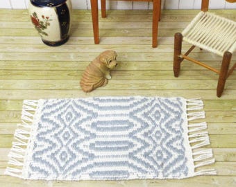 Handwoven blue and white miniature dollhouse rug: Silk noil and cotton 4.75x2.25"