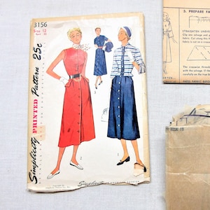 1950s size 12 misses dress and jacket pattern. Used Simplicity #3156 from 1950 with instruction sheet and 14 printed pieces. Missing piece F
