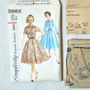 1950s size 14 dress pattern, 32 bust. Used Simplicity #2683 from 1958 complete with instruction sheet and 11 pattern pieces.