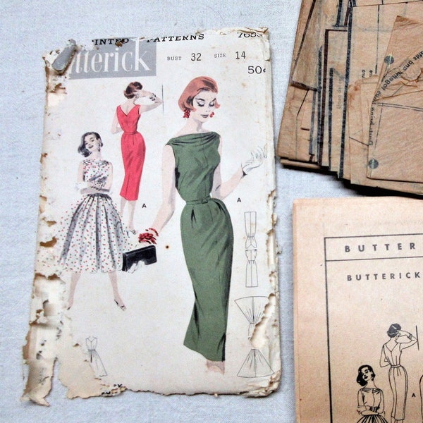 1940s dress pattern, Size 14 Bust 32. Butterick #7653  with instruction sheet, 8 pattern pieces. Used, complete