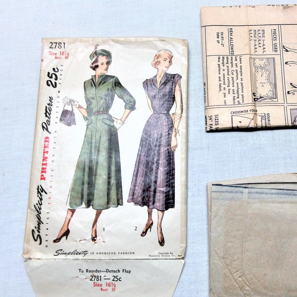 1940s Dress Pattern size 16 1/2 Women's, one piece dress. Simplicity #2781 from 1949, used, complete with 10 printed pattern pieces