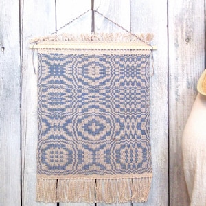 Handwoven Geometric abstract wall hanging: Wool and cotton. 10x18".