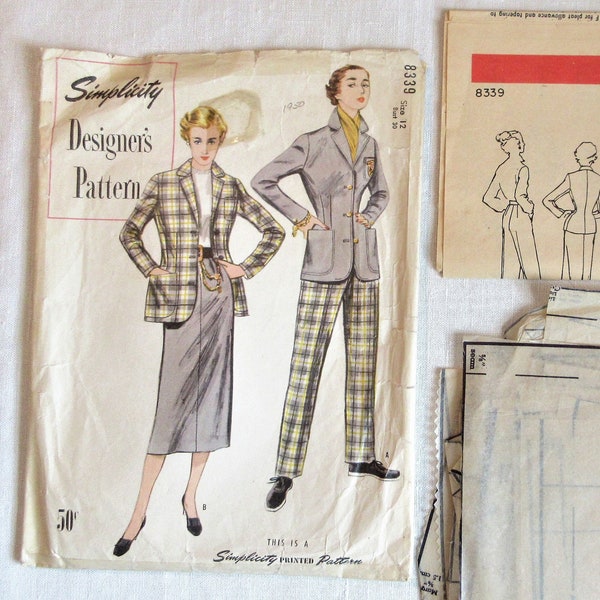 1950s skirt jacket and slacks pattern size 12. Used Simplicity Designer Pattern #8339 with instruction sheet, 17 pattern pieces, complete