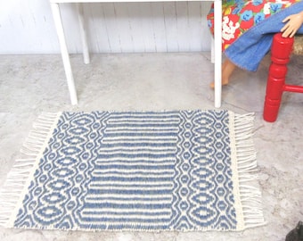 Handwoven Dollhouse Rug: Miniature Blue Wool & White Cotton Twill. 8.5x5"