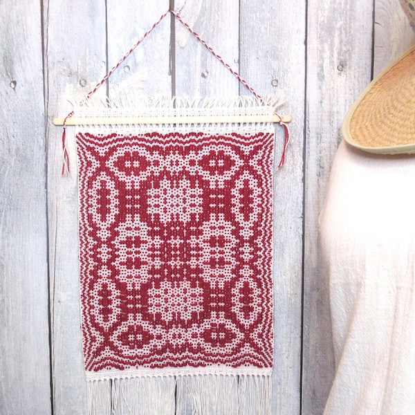 Handwoven Overshot Wall Hanging: Burgundy Red & White Victorian Textile Art. 10x26".