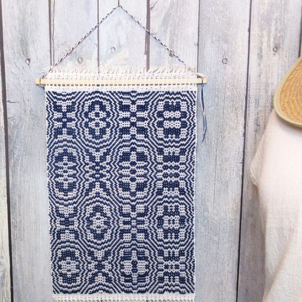 abstract Wall Art. Handwoven wall hanging: Dark blue wool and cotton, 10.5x27"