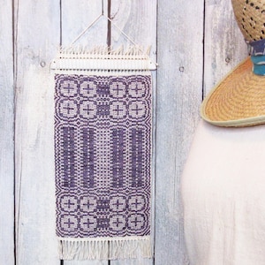 Handwoven Wall Hanging: Lavender & White Church Windows Pattern - 7x15"